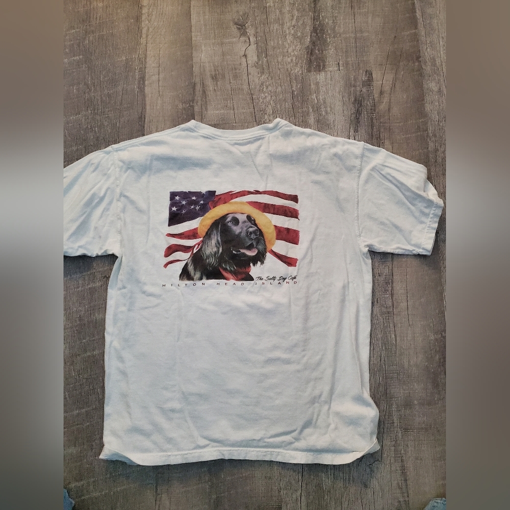 SALTY Dog Comfort Colors White Tee with Dog & Flag Graphic